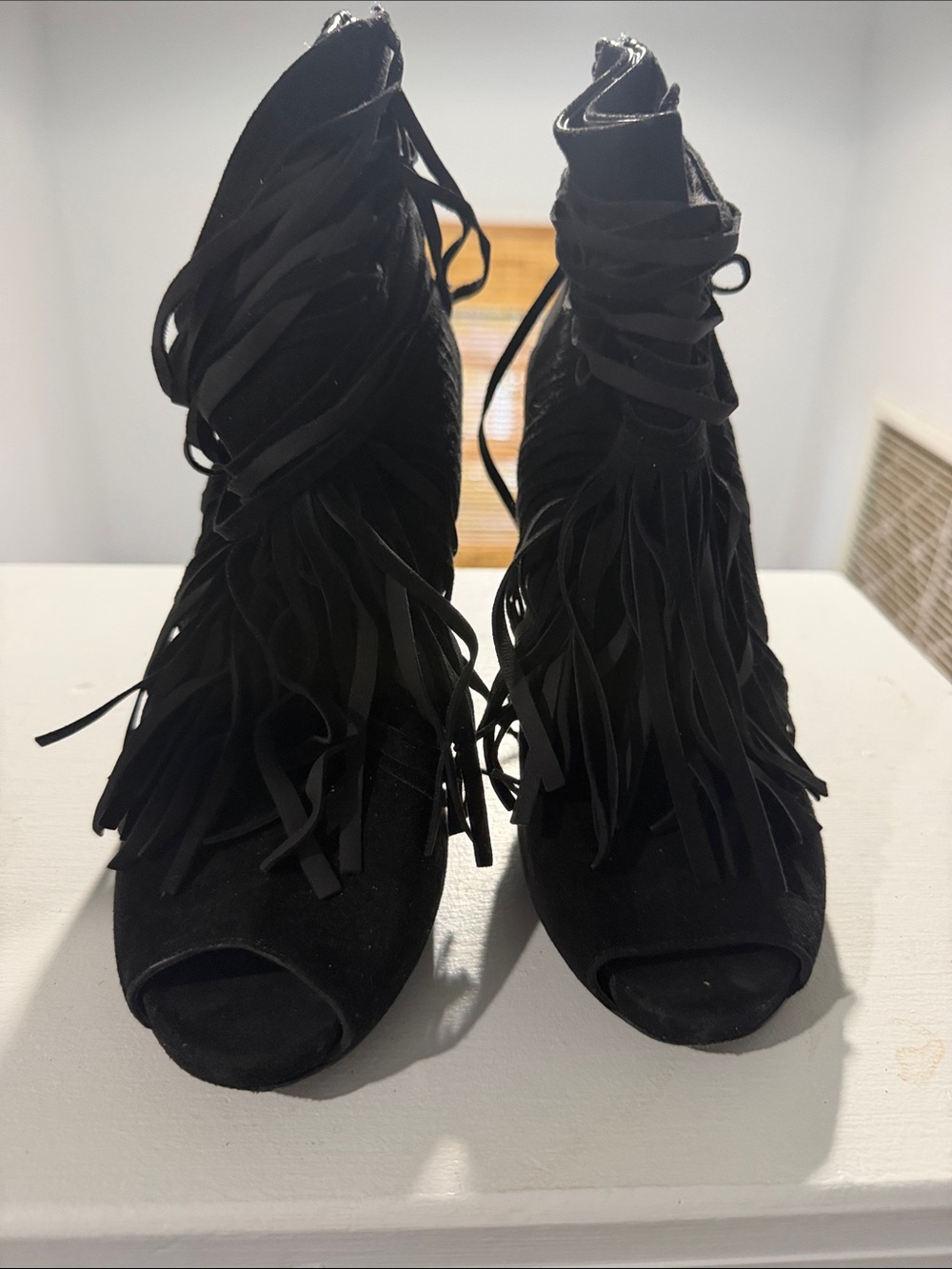 Gucci Black Suede Fringe Peep-Toe Women's Heeled Booties